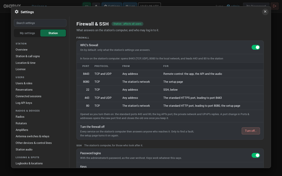 Settings, Firewall & SSH: the firewall on, and each port it opens with who may reach it and what for