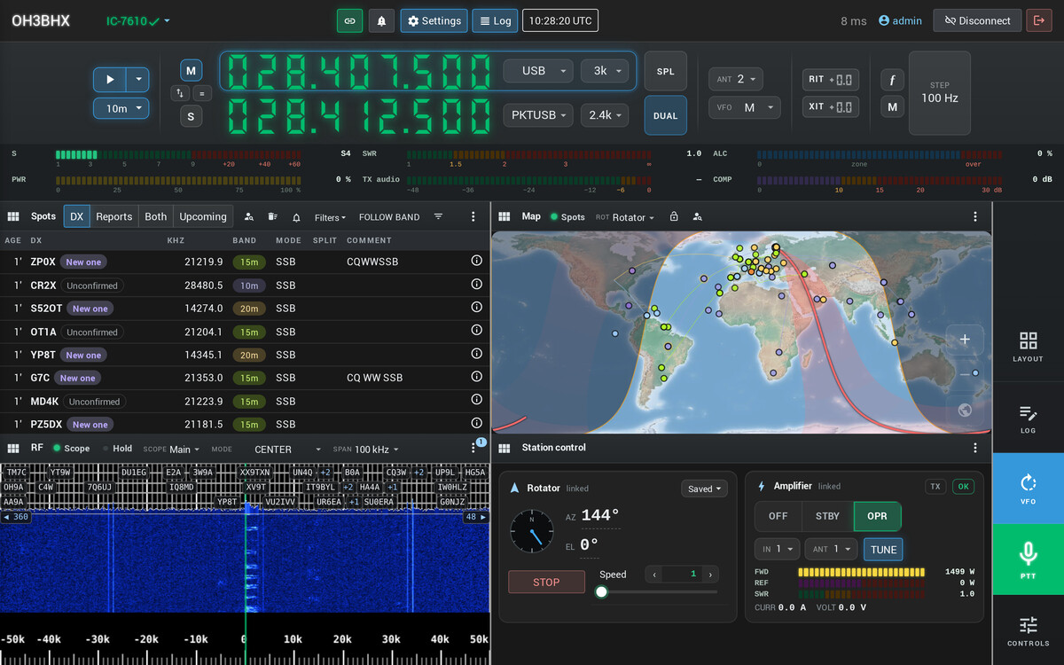 Web Radio Control's radio view on a desktop during the CQ World Wide DX SSB contest: an IC-7610 on 10 m with both VFOs and its meters, DX cluster spots, a world map with the beam and the gray line, the waterfall with the spotted stations named, and the rotator and amplifier