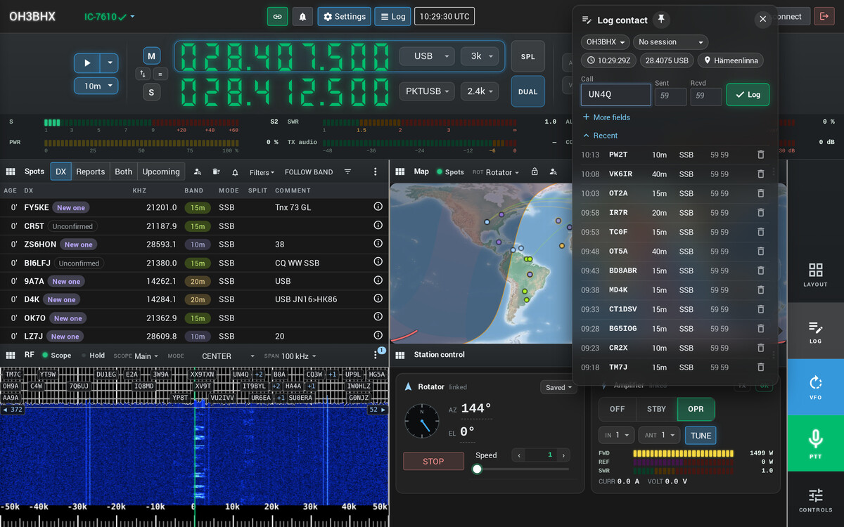 Logging a contact on the radio view: a 10 m station's call typed into the Log contact pane beside the spots, the recent contacts under it (demo contacts)