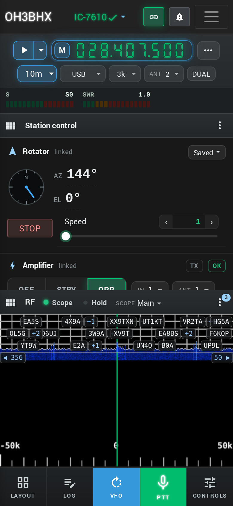 The radio view on a phone, in its mobile layout: the frequency, two meters and the rotator