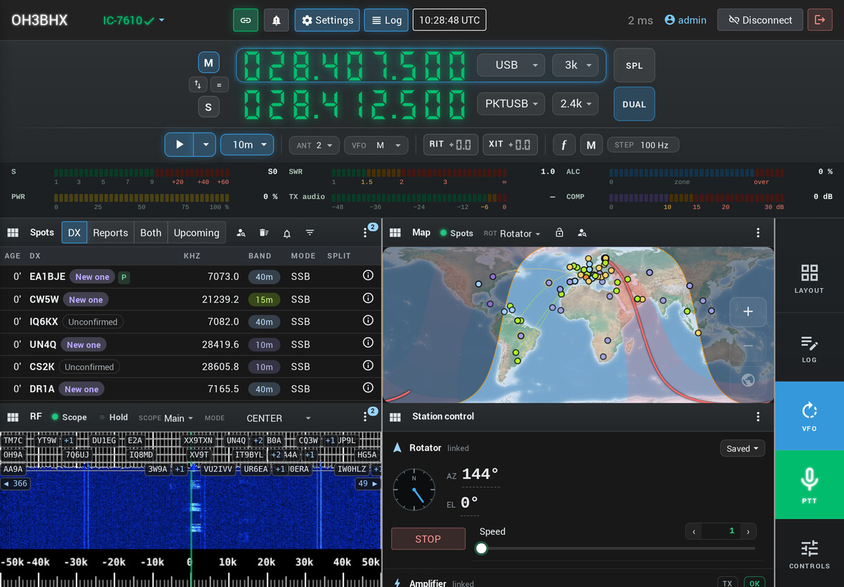 The radio view on a tablet: both VFOs, spots, the map and the rotator