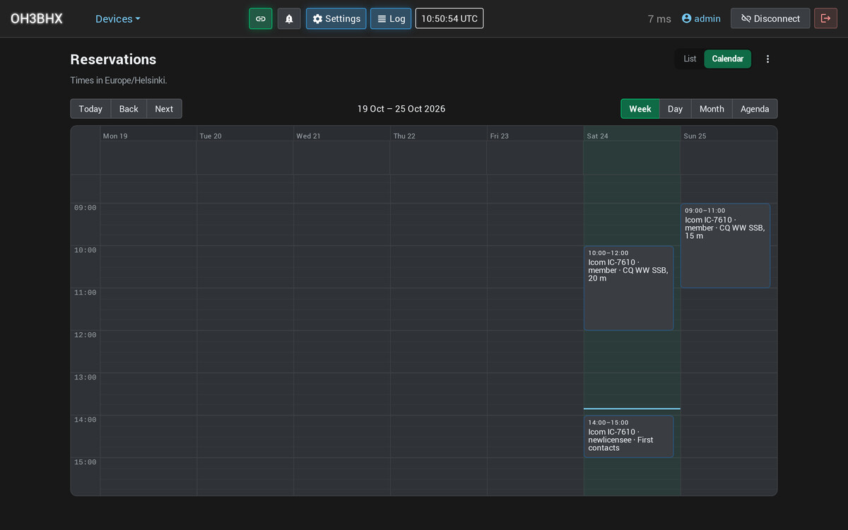 Reservations' calendar: a week with the members' bookings on the radio
