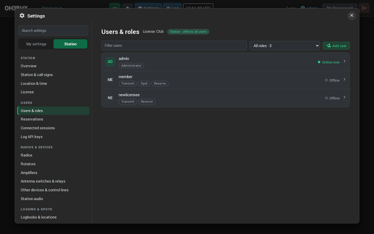 Settings, Users & roles: the club's administrator and two members, each with what they may do